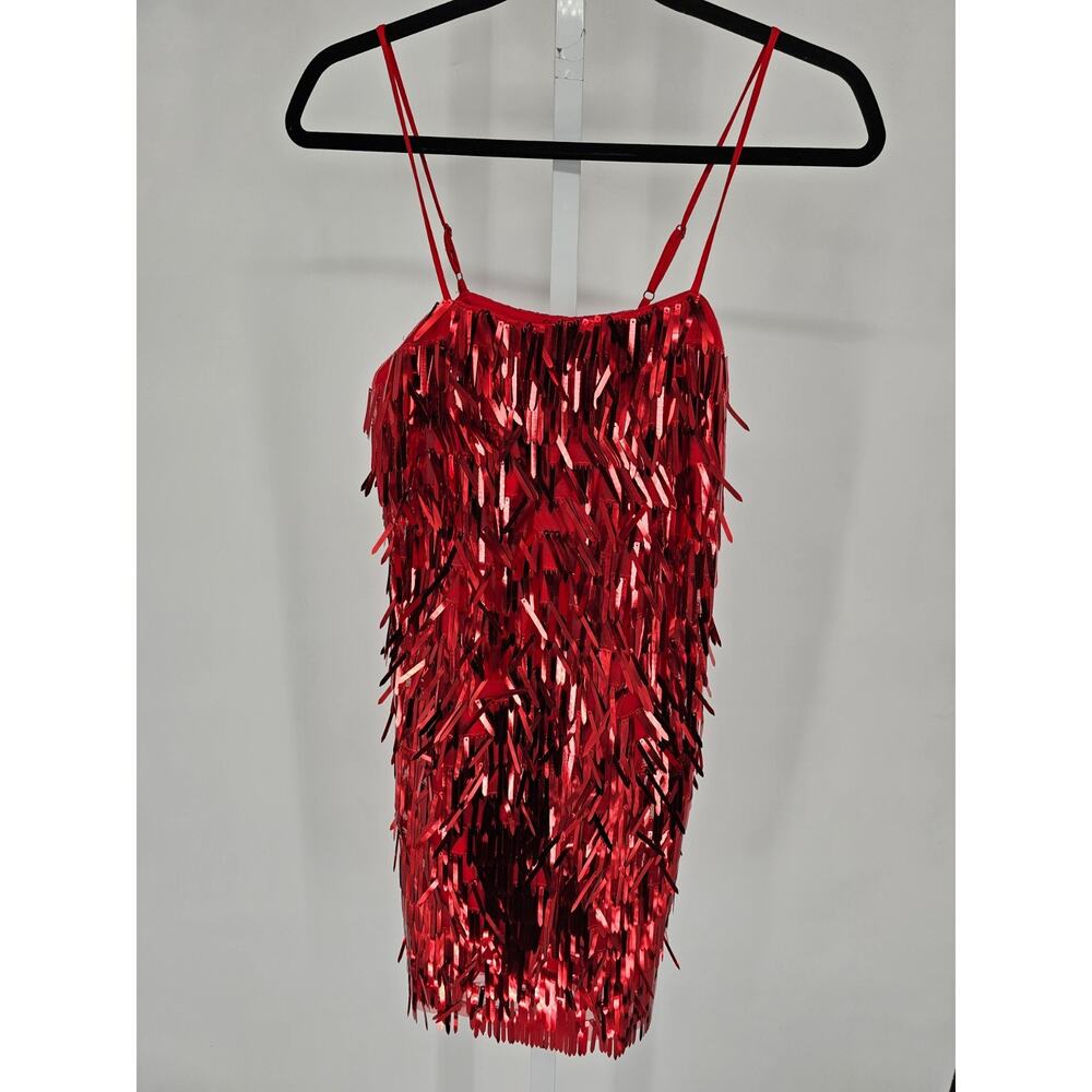 Allison + Kelly womens Sz XS Fringe Mini Dress Red Metallic Spaghetti Strap NEW